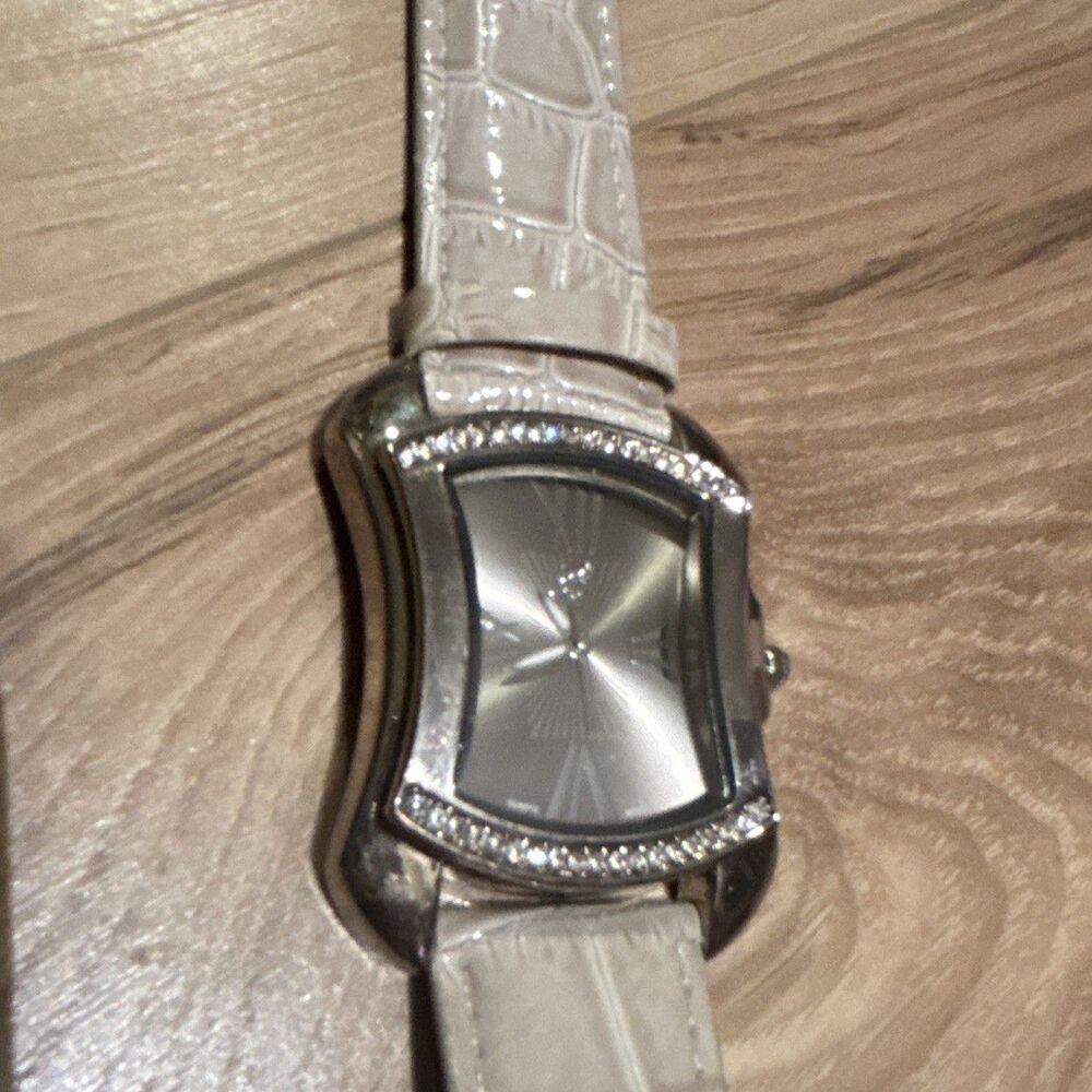 BURGI Rhinestone Stainless Beige Croc Emboss Leather Quartz Wrist Watch BTV011